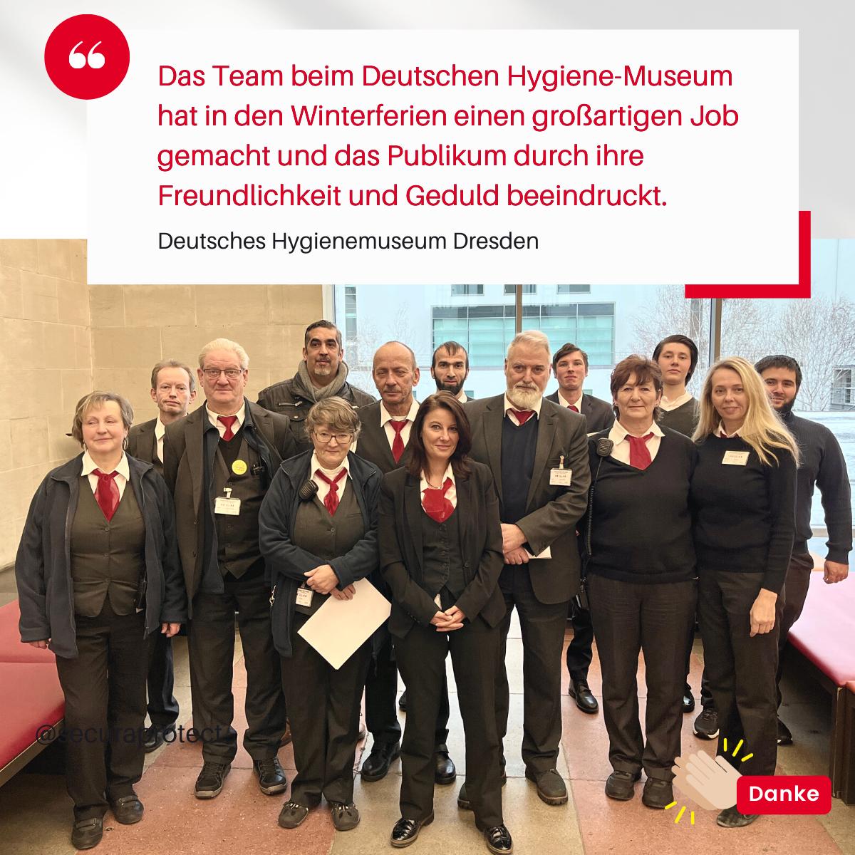 secura protect Team beim Deutschen Hygienemuseum Aufschrift Zitat / Lob an das Team