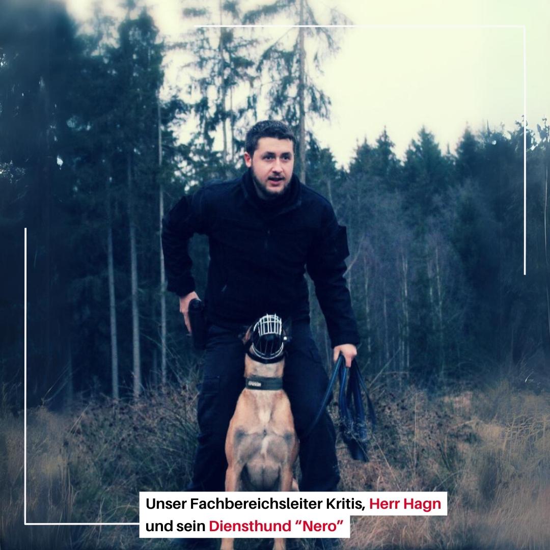 secura protect Mitarbeiter Hagn Mann in schwarzer Kleidung mit Diensthund Nero, belgischer Schäferhund